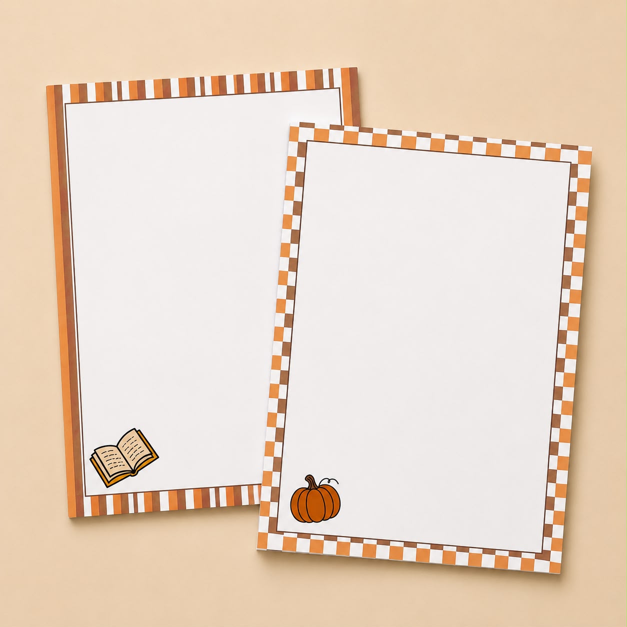 Two autumn notepads with striped and checkered borders, book and pumpkin illustrations