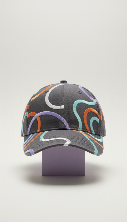 Grey structured cap with colorful embroidered pattern