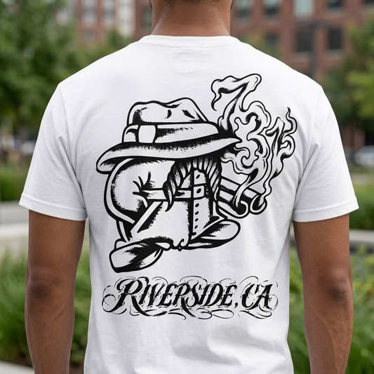 White DTF printed t-shirt, back view, with a black tattoo-style Riverside CA design