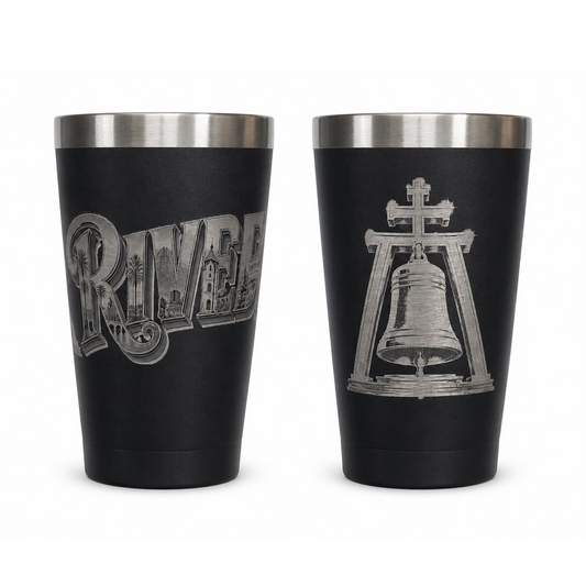 Two black stainless tumblers with laser engraved artwork