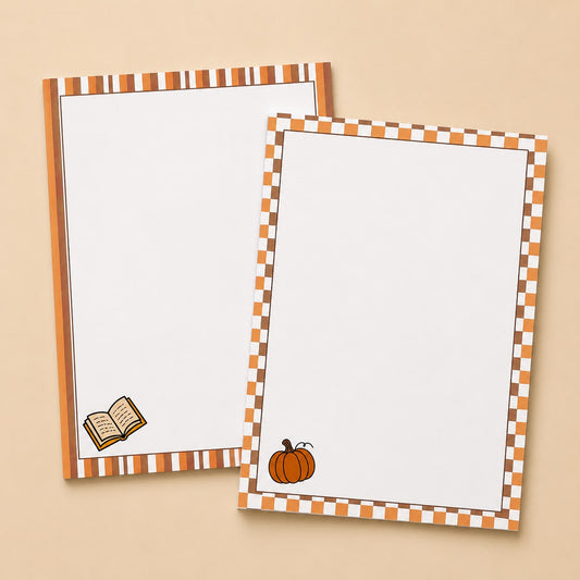 Two autumn notepads with striped and checkered borders, book and pumpkin illustrations
